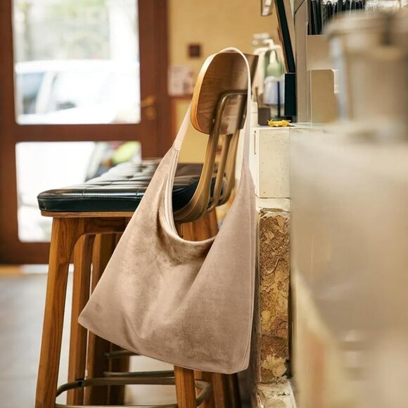 Vintage 15L Hobo Bag Faux Suede Tote Zipper Work Bag Vegan Leather Shoulder Stra - Picture 3 of 7